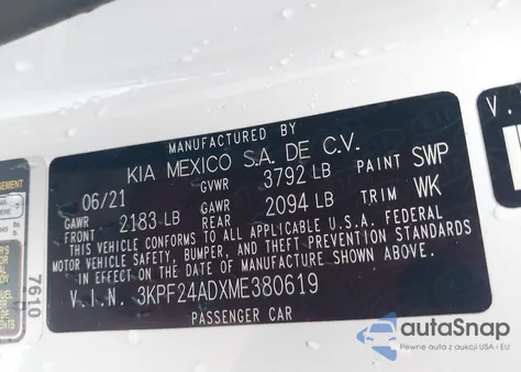 2021 Kia Forte Lxs from USA, damaged, VIN 3KPF24ADXME380619